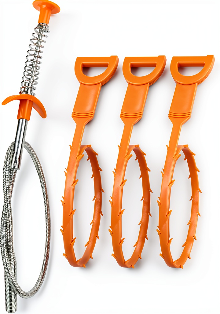 Amazon drain snake set showing plastic and steel snakes with handles