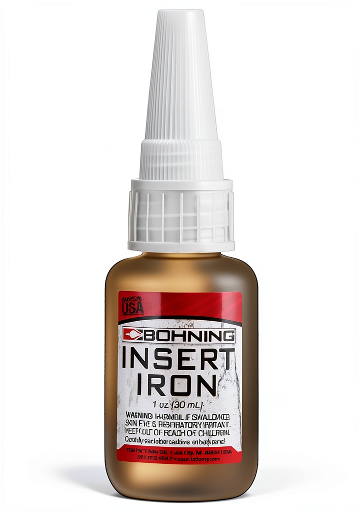 Installing Bohning Iron Insert Adhesive Repair Liquid Grey on a wooden desk